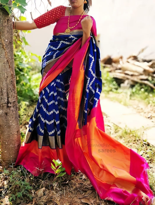Blue Majesty: The Royal Blue Zig Zag Ikat Patola Silk Saree