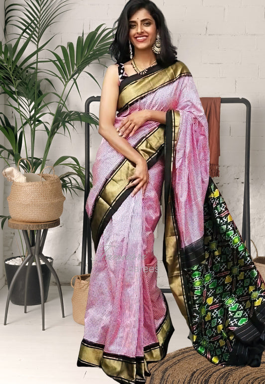 Blushing Beauty Baby Pink Checks and Black Ikat Patola Silk Saree