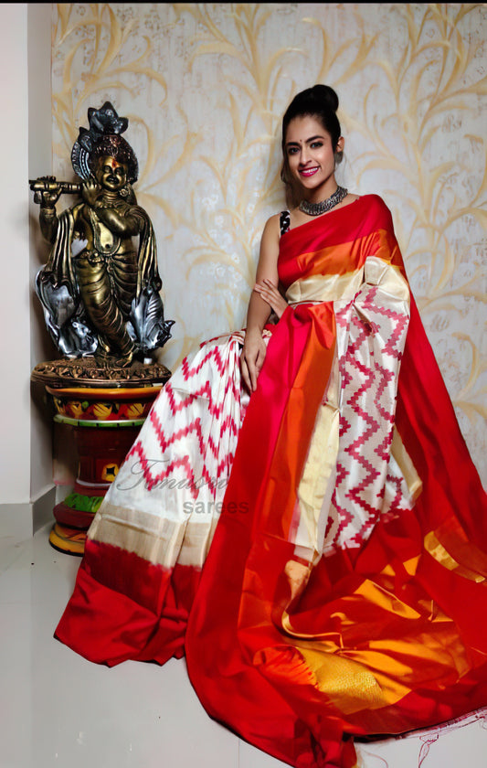 Elegant Fusion: Cream Zig Zag Body and Red Ikat Patola Silk Saree