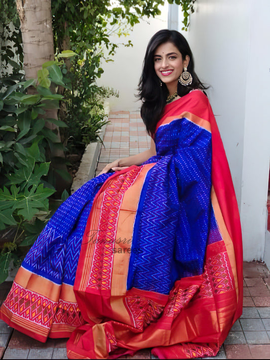 Chic Contrasts: Blue and Red Ikat Patola Silk Saree