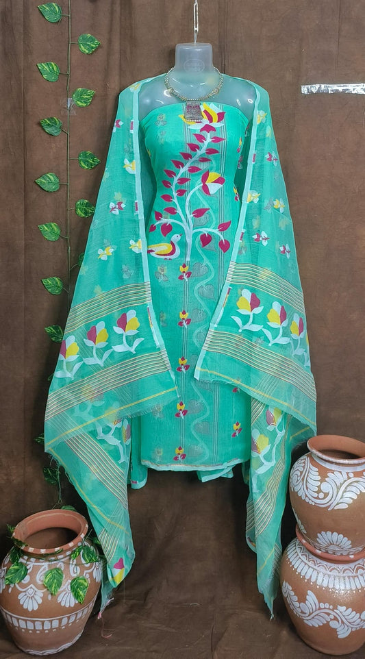 Oceanic Elegance: Unstitched Sea Green Jamdani Cotton Suit Set