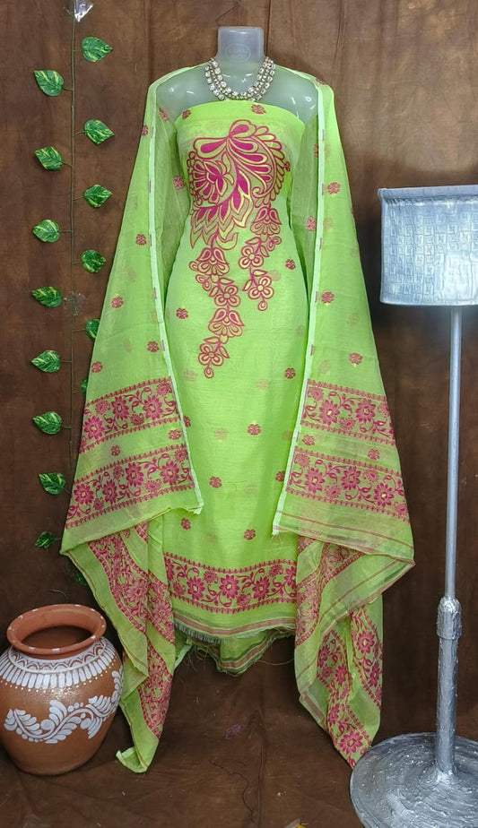 Vibrant Parrot Green & Pink Jamdani Cotton Suit Set