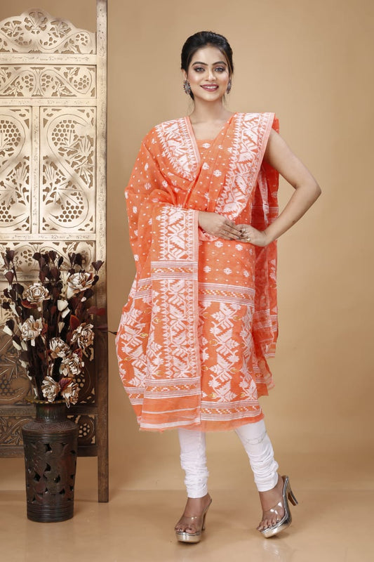 Tropical Splendor: Unstitched Papaya Jamdani Cotton Suit Set