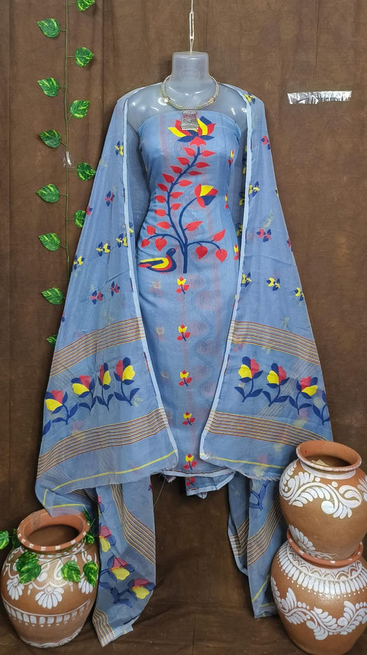 Mystic Mirage: Unstitched Stone Blue Jamdani Cotton Suit Set
