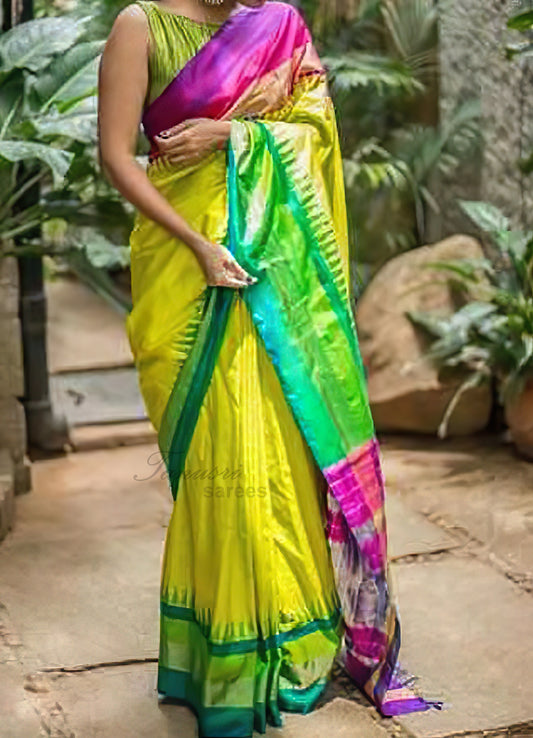 Ethereal Charm The Chartreuse Ganga Jamuna Ikat Patola Silk Saree