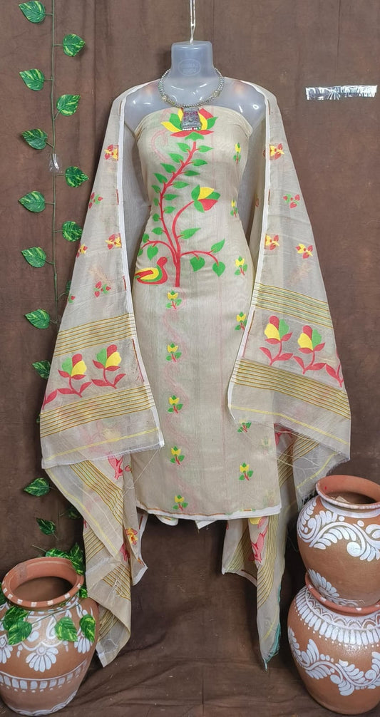 Creamy Dream: Unstitched Cream Jamdani Cotton Suit Set