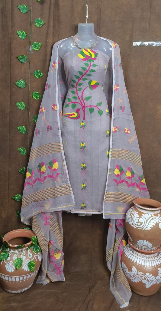 Silver Lining: Unstitched Grey Jamdani Cotton Suit Set