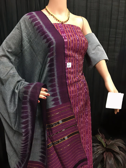 Magenta Mist: Grey and Magenta Sambalpuri Cotton Suit