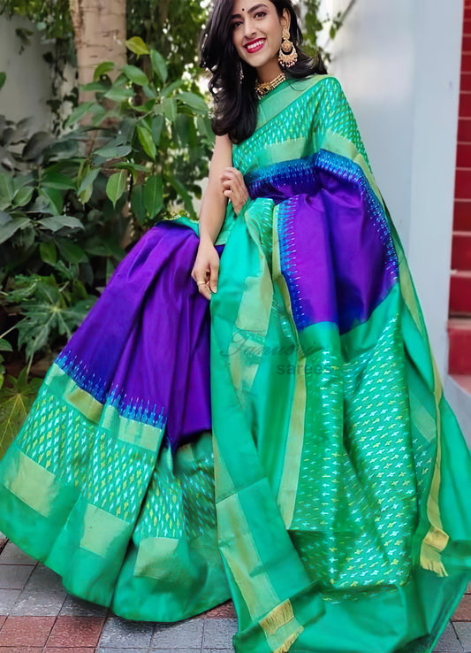 Enchanting Fusion: The Purple and Sea Green Ikat Patola Silk Saree